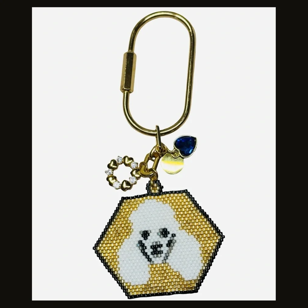 Hand Crafted Beaded White Poodle Face Gold Color Keychain with Charms